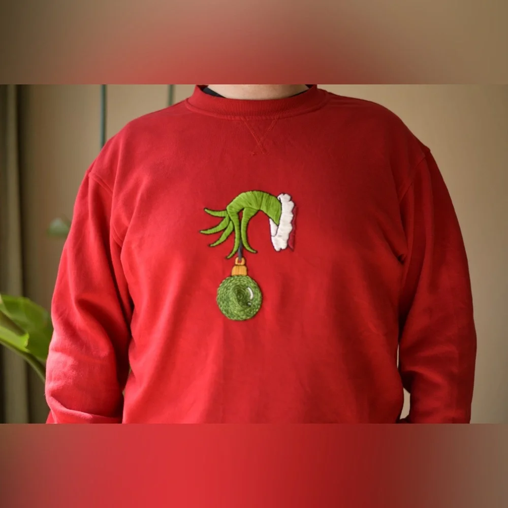 Handmade Embroidered Christmas Red Sweater โข Grinch Hand Ornament - Unisex - Picture 1 of 13